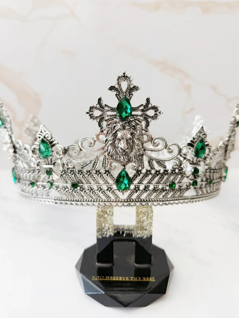 Silver Lion King Crown Green Crystal Cross Medieval Royal Cosplay Wedding Prom
